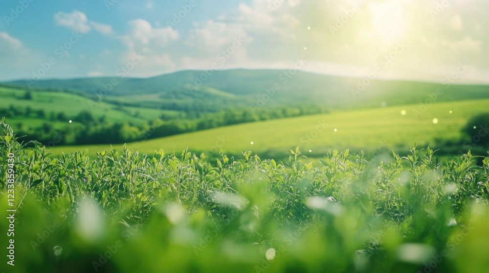 Fototapeta premium Vibrant green landscape with renewable energy sources under sunny skies showcasing sustainable agriculture and eco-friendly practices