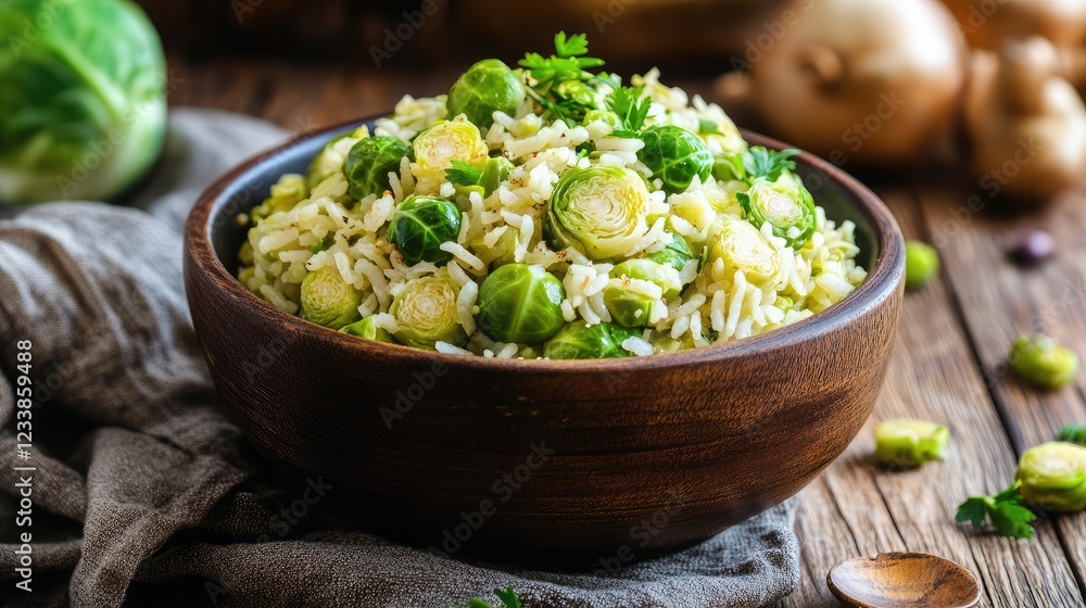 Nutritious Brussels Sprout and Leek Rice Bowl with Fresh Herbs in Rustic Wooden Bowl on Table Nutritious Brussels Sprout and Leek Rice Bowl with Fresh Herbs in Rustic Wooden Bowl on Table