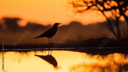 Giant quelea bird silhouette at sunrise by waterhole with vibrant orange sky and reflective water creating a serene natural landscape. photo