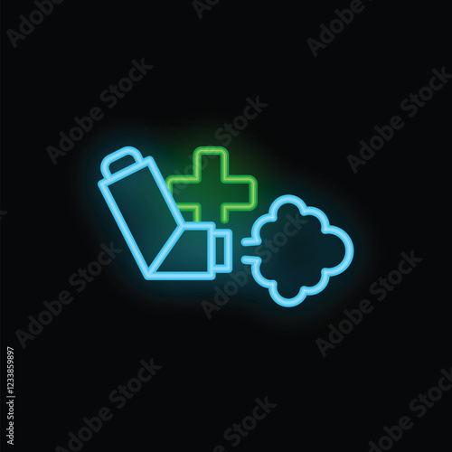 Neon asthma inhaler releasing a puff of vapor, symbolizing relief from breathing difficulties