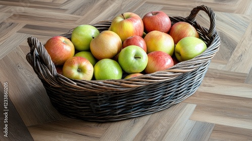 Wallpaper Mural Wicker basket filled with fresh apples on a wooden floor showcasing autumn harvest and seasonal abundance Torontodigital.ca