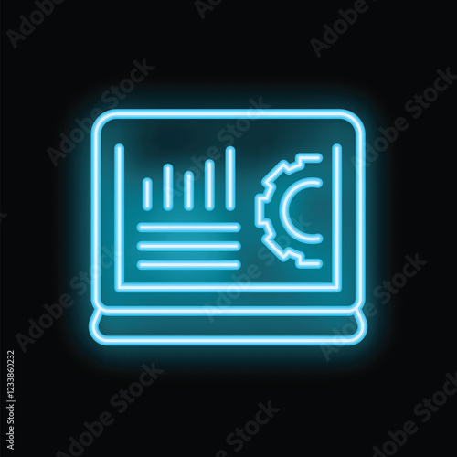 Neon blue icon of a laptop displaying business analysis with charts and a gear symbol, representing data analysis and strategic planning photo