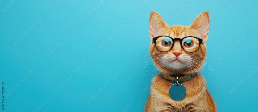 Cat wearing glasses and badge against vibrant blue background with empty space for text or design elements. Cat wearing glasses and badge against vibrant blue background with empty space for text or design elements.
