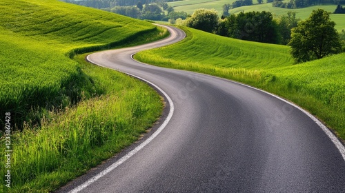 Winding road meandering through vibrant green countryside under a clear blue sky showcasing nature's beauty and tranquility. photo