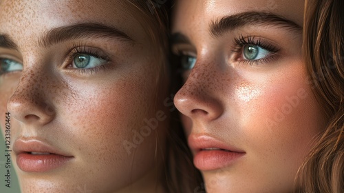 Beauty portrait of two young women showcasing detailed features and natural skin tones in a side-by-side composition. photo