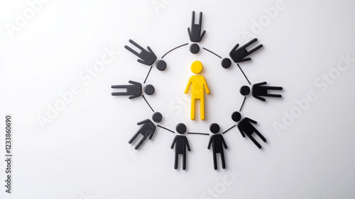 clean, minimalistic design featuring stick figures in circular arrangement, with central yellow figure symbolizing leadership or focus. This conveys unity and collaboration photo