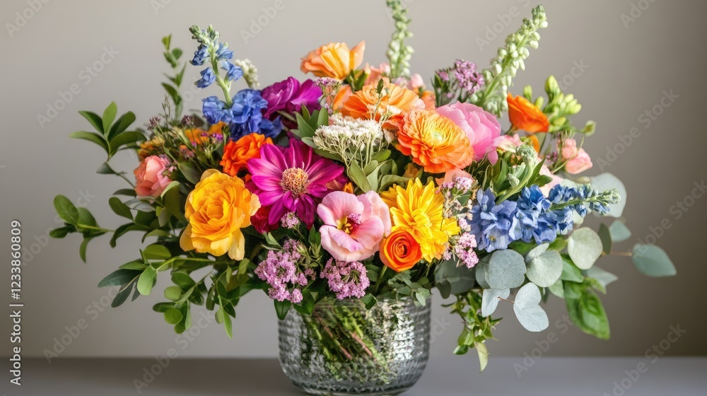 Fototapeta premium Colorful Spring Flower Bouquet in Glass Vase Displaying Bright Floral Arrangement and Fresh Greenery