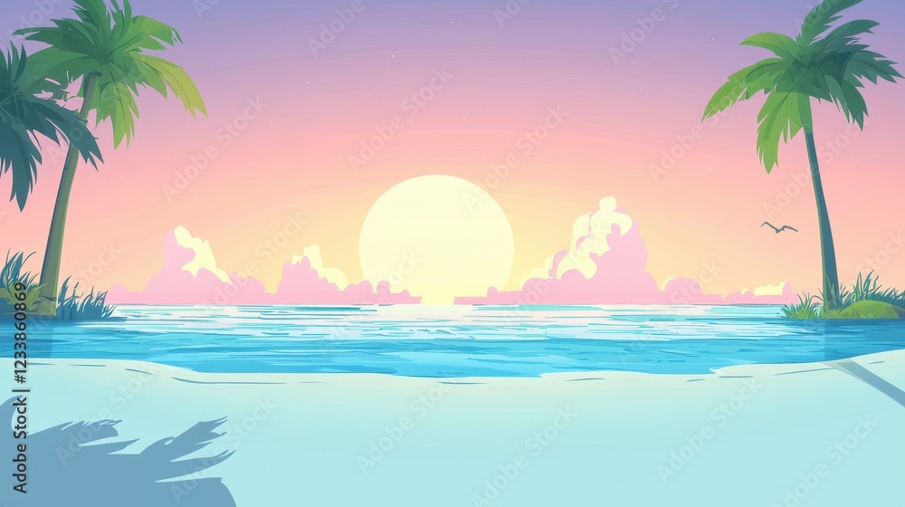 Obraz premium Serene Sunset Beach Scene With Palm Trees