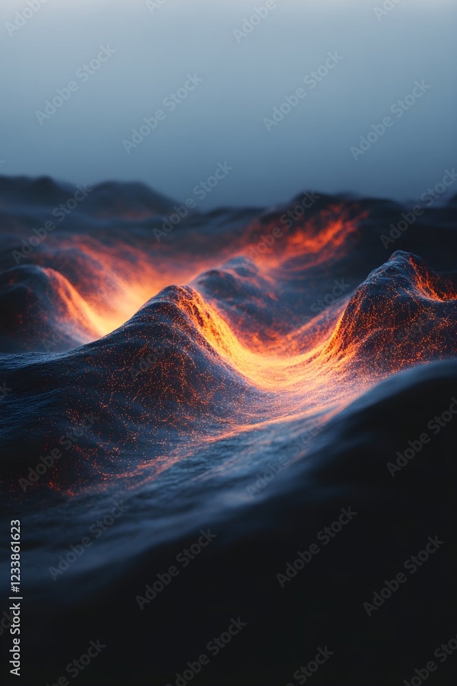 Fototapeta premium A digital art background of glowing blue and orange data streams forming waves, symbolizing the fluidity of information flow across global networks. The dark backdrop adds depth to create an
