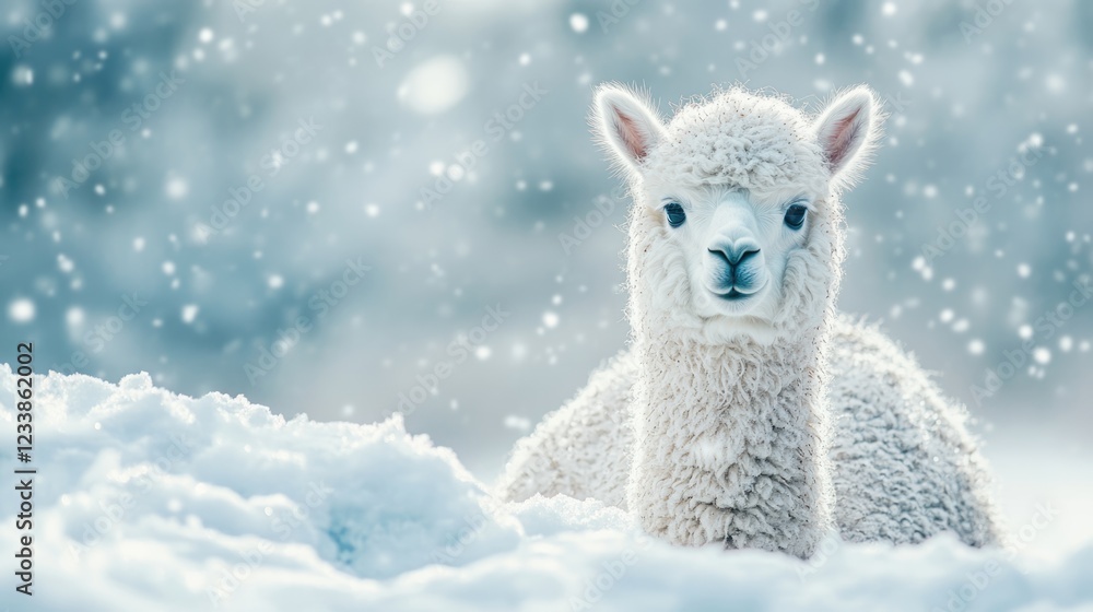 Winter Alpaca Nestled in Soft Snowy Landscape with Empty Space for Text Above Winter Alpaca Nestled in Soft Snowy Landscape with Empty Space for Text Above