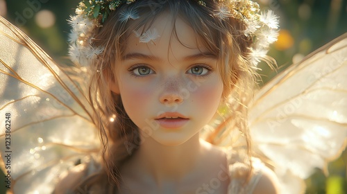 Young fairylike girl with expressive eyes and messy hair in a floral crown blows dandelion seeds in an enchanted garden Her shimmering wings and soft light create a dreamy whimsical mood