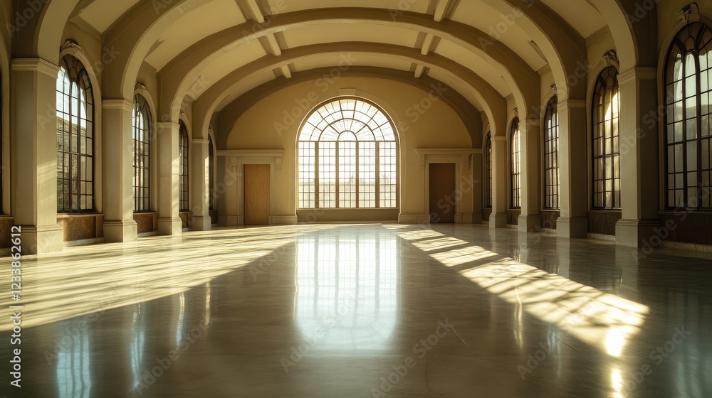 Elegant Large Empty Room with Arched Windows and Natural Light on Movie Set Elegant Large Empty Room with Arched Windows and Natural Light on Movie Set