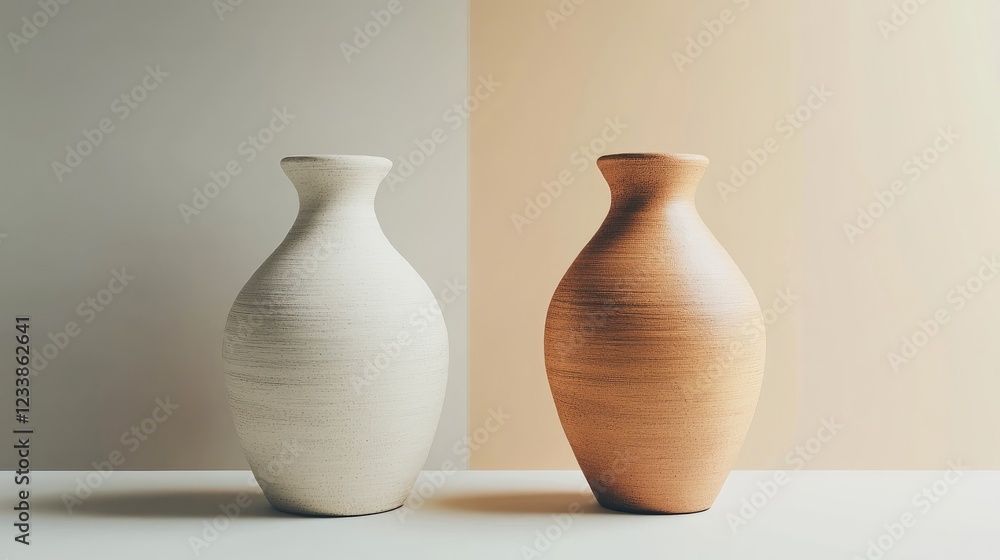 Elegant Contrast of Two Distinct Vases in Natural Tones Against a Neutral Background for Home Decor Inspiration Elegant Contrast of Two Distinct Vases in Natural Tones Against a Neutral Background for Home Decor Inspiration
