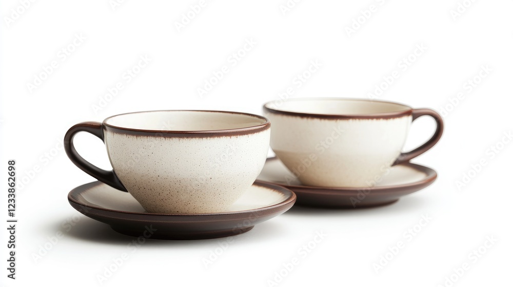 Two elegant coffee cups on saucers isolated against a clean white background showcasing a minimalist design and inviting aesthetic. Two elegant coffee cups on saucers isolated against a clean white background showcasing a minimalist design and inviting aesthetic.