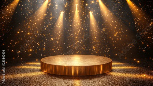 A golden royal awards podium surrounded by radiant spotlights, with premium textures and an elegant stage design photo