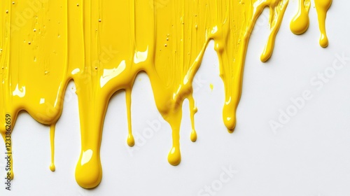 Vibrant yellow paint drips and stains against a clean white background creating an artistic color contrast ideal for creative projects