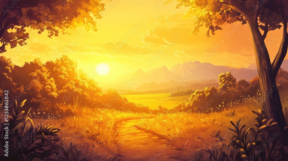 Naklejka premium Golden Sunrise Over Serene Landscape With Lush Pathway Leading Through Fields And Trees In A Tranquil Country Setting