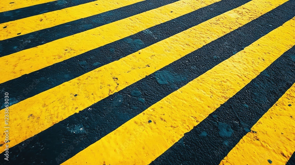 Fototapeta premium Intersecting Yellow and Black Striped Road Texture with Slanted Lines on Asphalt Surface in Urban Environment