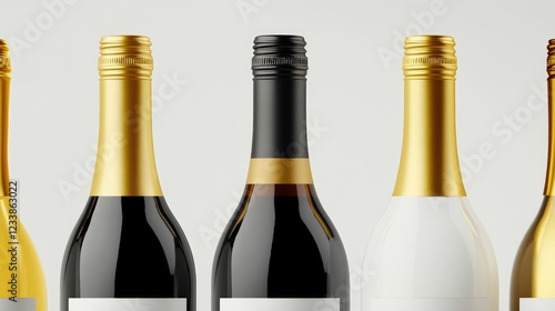 Elegant Wine Bottle Label Mockup Featuring Gold Black and White Design with Smooth Camera Angle Ideal for Branding Presentation photo