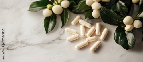 Ceftriaxone and Sulbactam Soft Capsules on Marble Background with Green Leaves and Empty Text Space for Pharmaceutical Ads photo