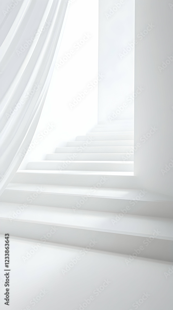 Obraz premium Serene white staircase ascending towards bright light, partially obscured by flowing sheer curtain. Minimalist architectural design.