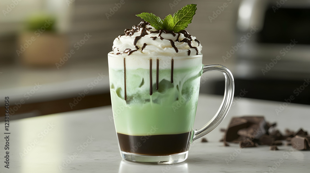 Iced Mint Chocolate drink with whipped cream and chocolate drizzle, garnished with fresh mint. Perfect for summer refreshment. Iced Mint Chocolate drink with whipped cream and chocolate drizzle, garnished with fresh mint. Perfect for summer refreshment.