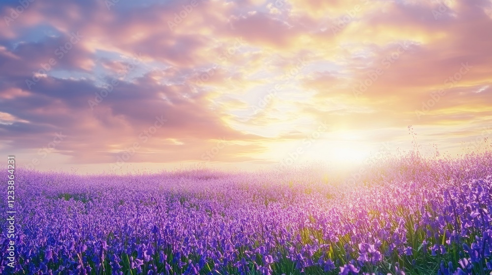 Fototapeta premium Vibrant Bluebell Flower Field at Sunrise Scenic Landscape with Colorful Clouds and Soft Light in Nature's Blooming Season