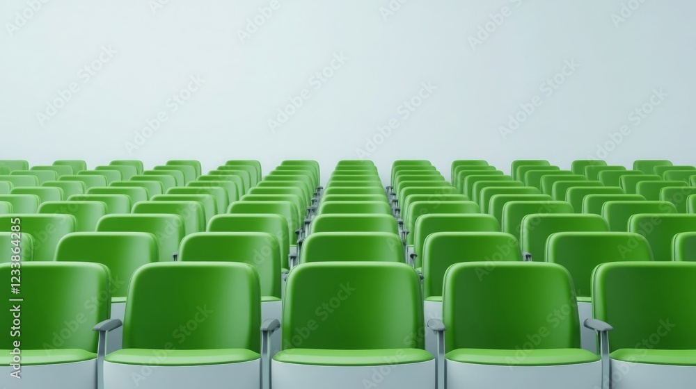 Fototapeta premium Rows of Empty Green Auditorium Chairs Ready for Audience Modern Conference Seating