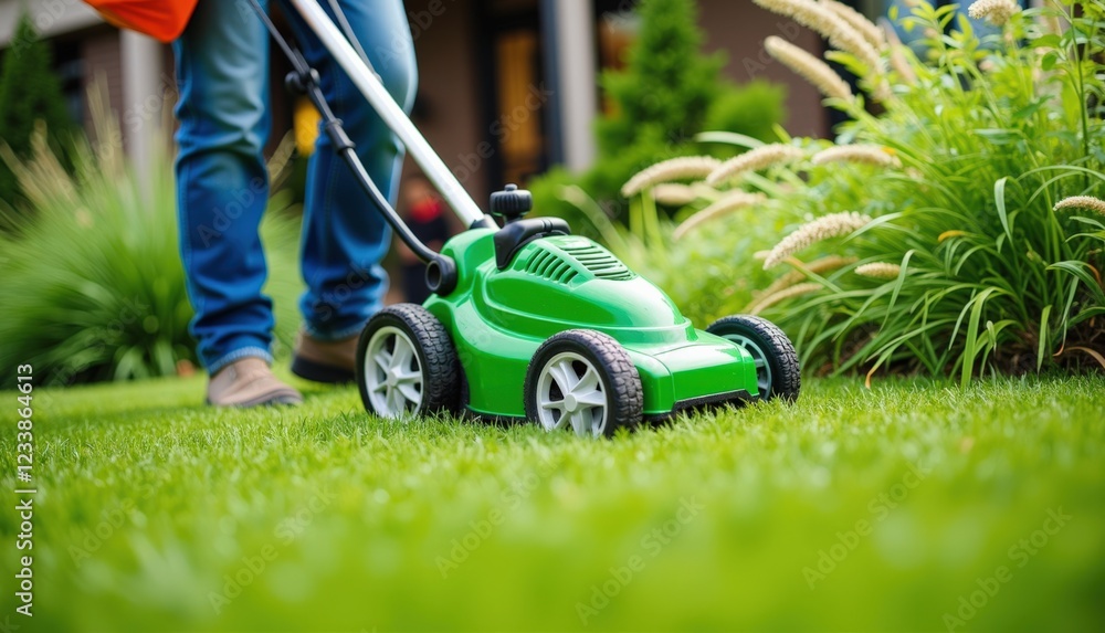 A Close-Up of a Person Using a Green Electric Lawn Mower to Cut Grass on a Sunny Day in a Beautiful Garden Landscape A Close-Up of a Person Using a Green Electric Lawn Mower to Cut Grass on a Sunny Day in a Beautiful Garden Landscape