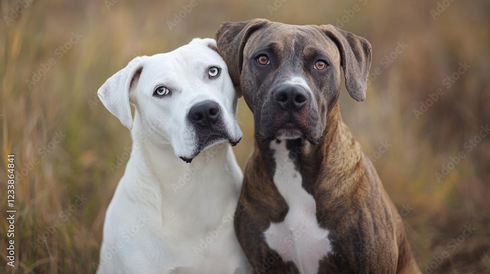 Two dogs sitting together in a serene outdoor setting showcasing a Bay dog and a Dogo Argentino with expressive features. Two dogs sitting together in a serene outdoor setting showcasing a Bay dog and a Dogo Argentino with expressive features.
