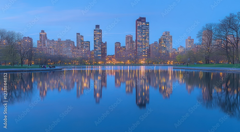 Obraz premium Serene Evening Reflection Skyline over Calm Water