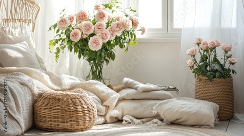 Cozy minimalist bedroom with Scandinavian decor showcasing beautiful roses and soft textiles in a serene atmosphere