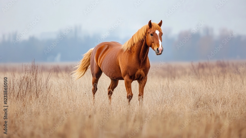 Fototapeta premium Solitary horse standing gracefully in dry grassland under a soft sky showcasing nature's beauty and tranquility in rural landscapes.