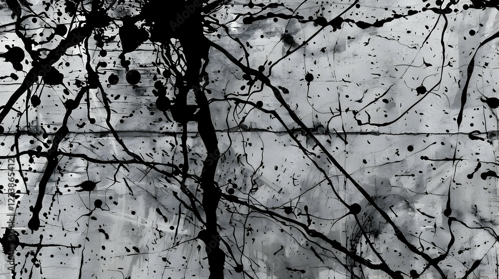 Obraz premium Abstract black and white splatter art with dynamic lines and shapes.