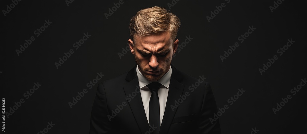 Caucasian businessman in black suit reflecting on sorrow with empty space for text in a dark studio setting Caucasian businessman in black suit reflecting on sorrow with empty space for text in a dark studio setting