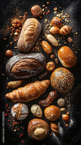 Wallpaper Mural Assortment of fresh baked bread and pastries on a dark background with scattered flour and nuts Torontodigital.ca