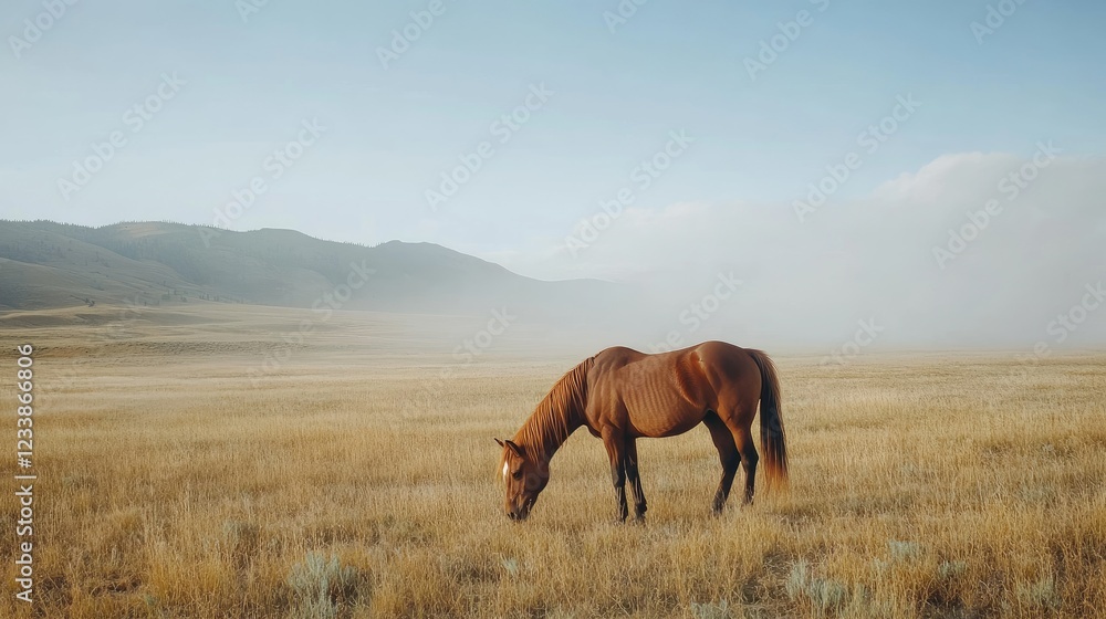 Obraz premium Wild Plains Horse Grazing in Misty Summer Field with Soft Light and Scenic Landscape Showcasing Traditional Ranching Heritage
