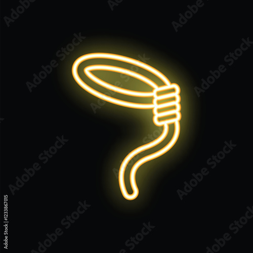 Yellow neon sign of a rope with a noose is glowing on a black background