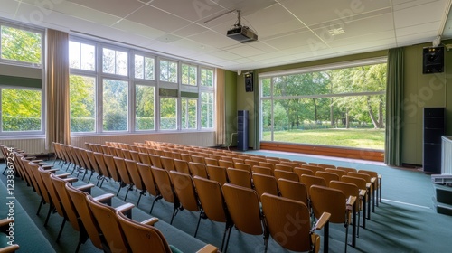 Spacious lecture hall with large windows overlooking a park, featuring rows of empty brown chairs and a projection screen. photo