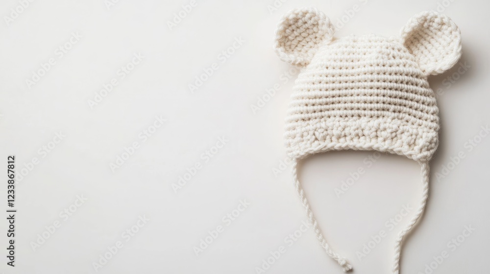 Fototapeta premium Crochet Ear Hat on Soft White Background with Copyspace for Text or Advertisement
