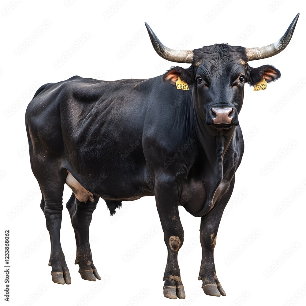 Black bull, full-body, standing isolated on a white background. Detailed photograph, PNG format. Black bull, full-body, standing isolated on a white background. Detailed photograph, PNG format.