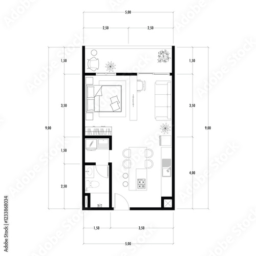 Floor plan blueprint of apartment, Figure of the jotting sketch of the construction and the industrial skeleton of the structure and dimensions.