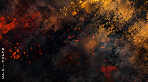 Abstract artwork featuring dark hues with vibrant splashes of color.