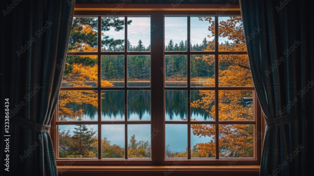 Fototapeta premium Serene Lake View Through Rustic Window Framed by Autumn Leaves and Nature's Reflections
