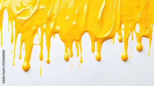 Vibrant yellow paint drips and stains cascading down a clean white background creating an abstract artistic texture ideal for creative design projects.