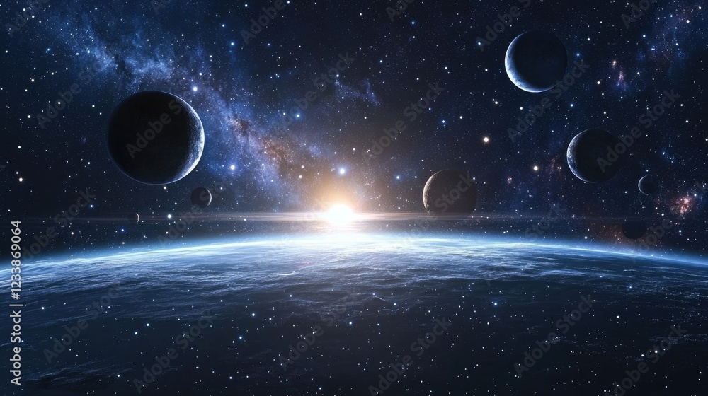 Obraz premium Cosmic Stars and Planets Background with Empty Copyspace in a Vast Universe Field and Stunning Starscape.