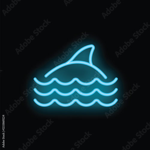 Blue neon sign of a shark fin surfacing above water waves on a black background