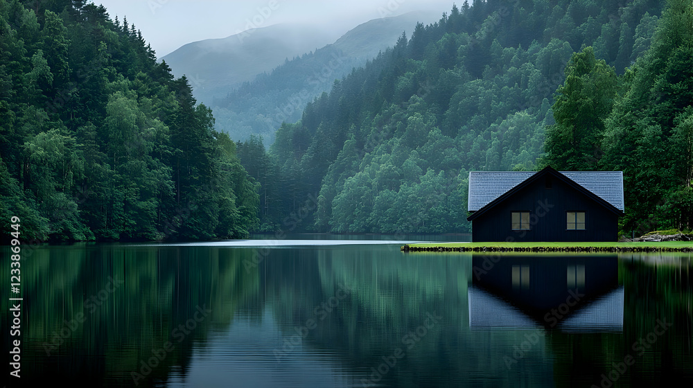 Fototapeta premium Misty lake house, tranquil valley, serene reflection, nature escape