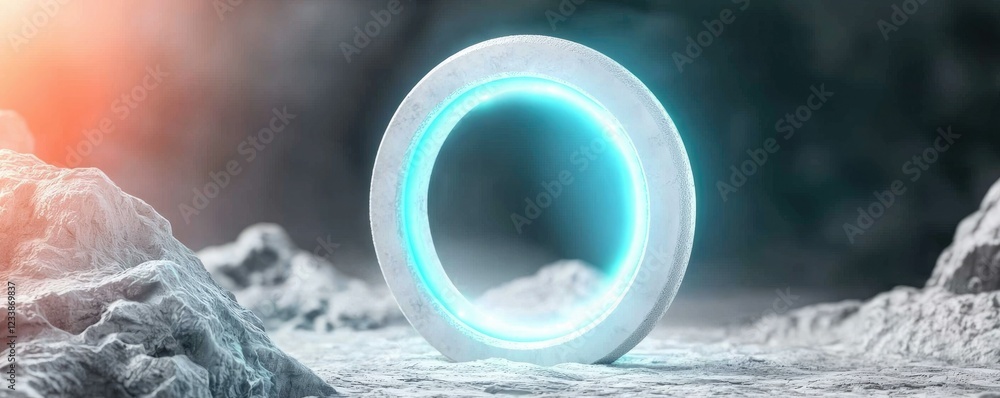 Fototapeta premium A futuristic glowing ring sits on a rocky surface, surrounded by a mystical atmosphere, hinting at otherworldly realms.