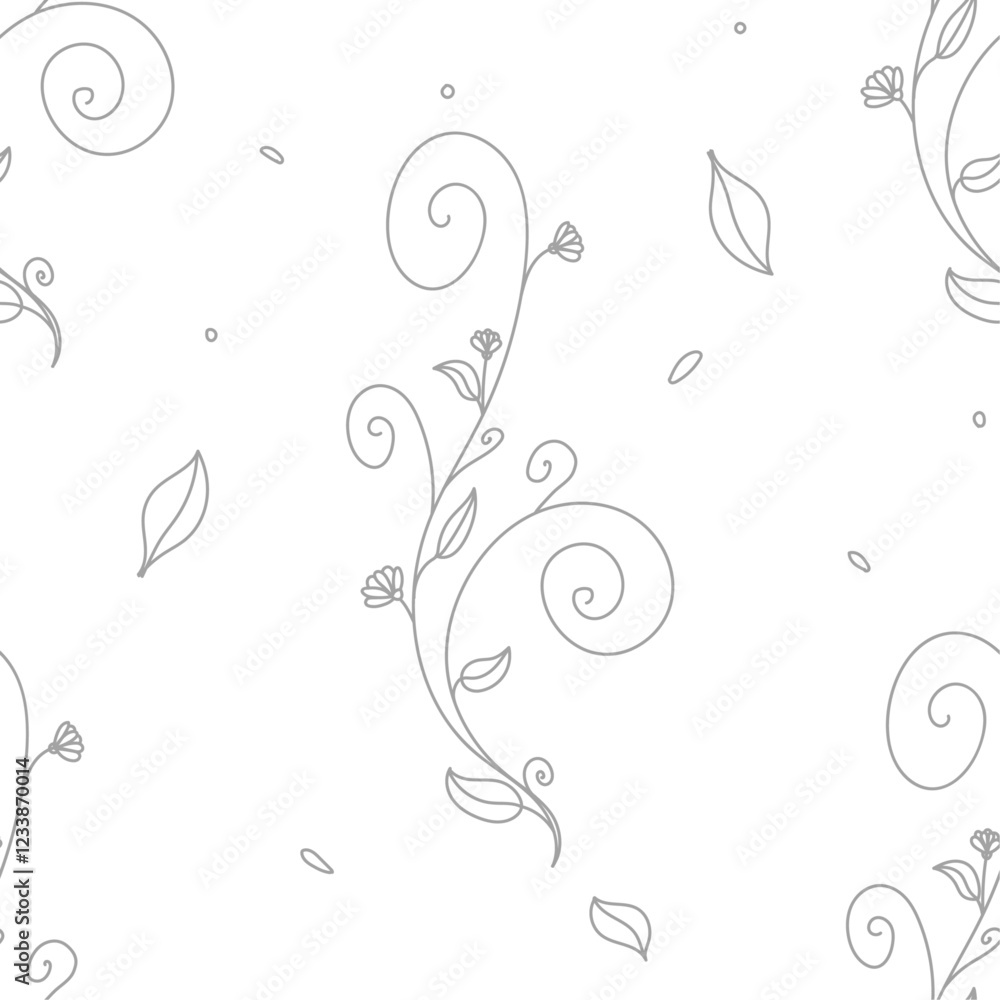 Floral seamless pattern, Elegant floral pattern, grey line art of vines, leaves, and flowers on a seamless repeat background Floral seamless pattern, Elegant floral pattern, grey line art of vines, leaves, and flowers on a seamless repeat background